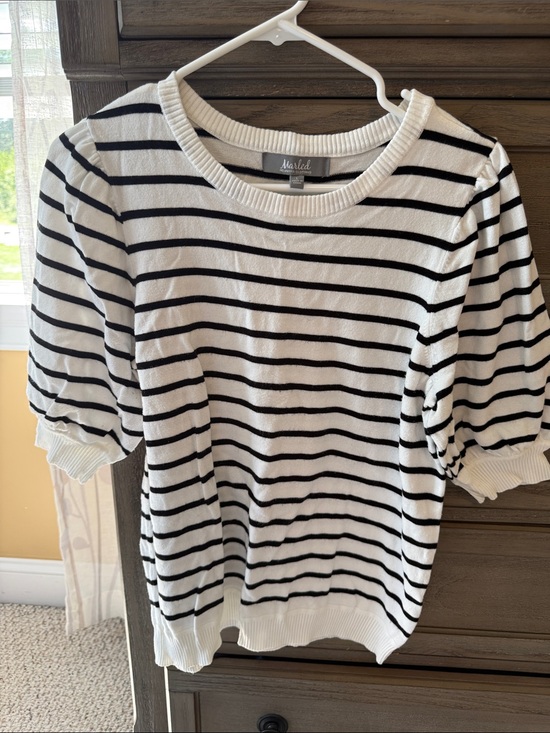 Marled Sweaters - Marled White and Black Striped Puff-Sleeve Knit Top